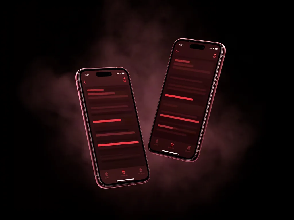 İki telefon üzerinde koyu temalı mobil uygulama ekranlarının önizlemesi